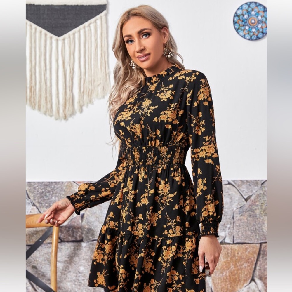 Black & Gold Floral High Neck Dress
